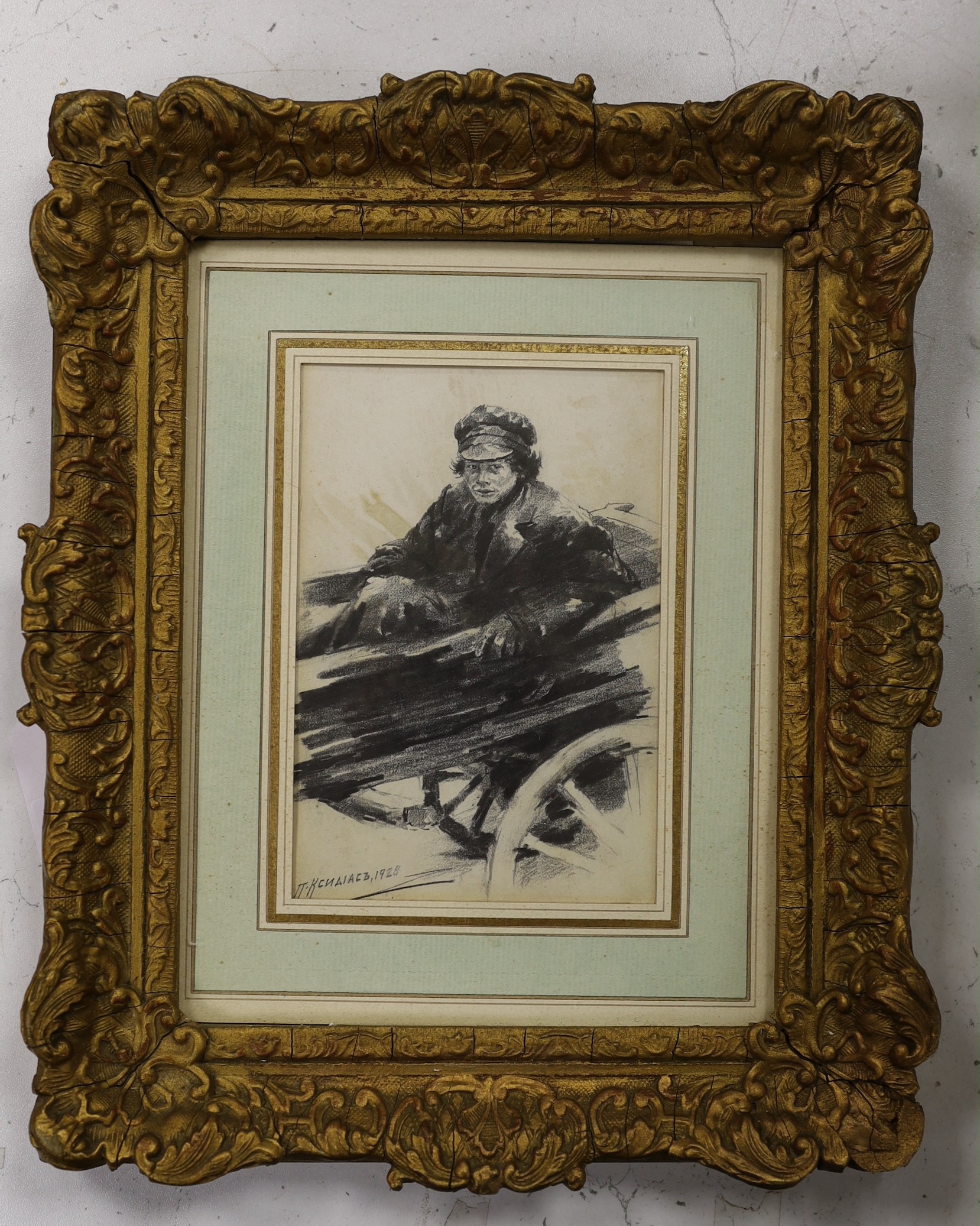 Attributed to Pericles Spiridonovich Ksidias (Greek, 1872-1942), pencil drawing, Figure in a cart, signed and dated 1928, 15 x 10.5cm
